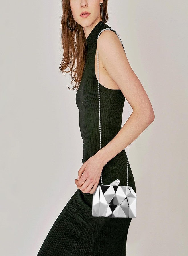 Simcat Women Geometric Lattice Pattern Metal Evening Bag Bridal Prom Crossbody Bag Party Clutch Wedding Purse with Chain (Silver) - Image 4